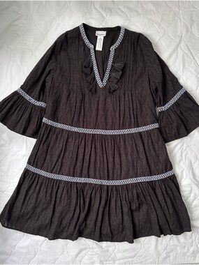 Tommy Bahama Black Tassel V-Neck Embroidered Tunic Dress